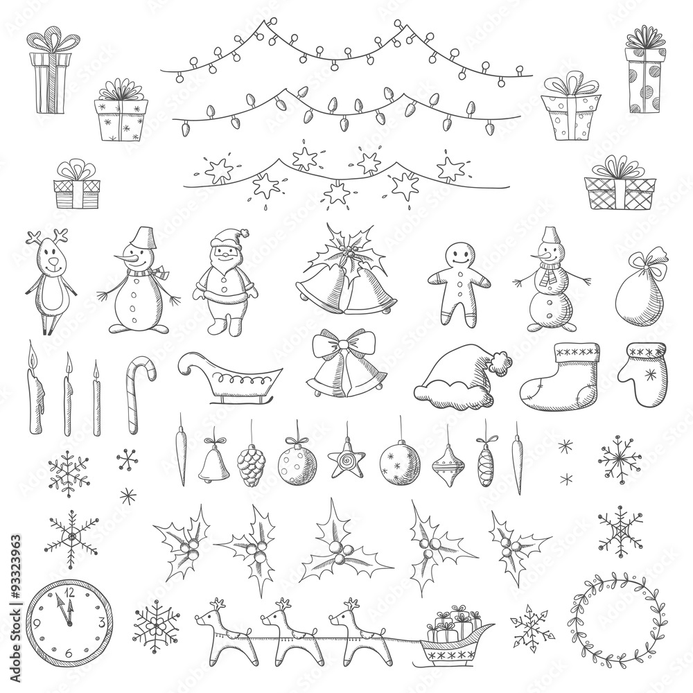 Set of Christmas and new year elements in sketch style