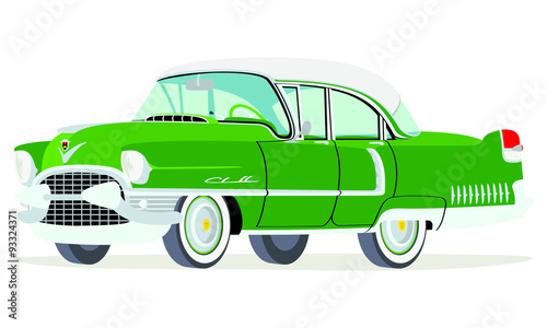 Caricatura Cadillac Fleetwood Sedán 1955 verde vista frontal y lateral