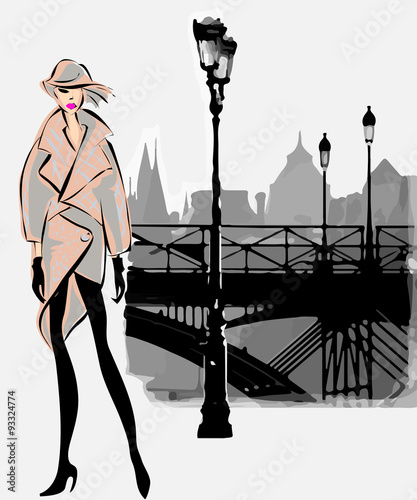 Fashion models in sketch style fall winter with Paris city background