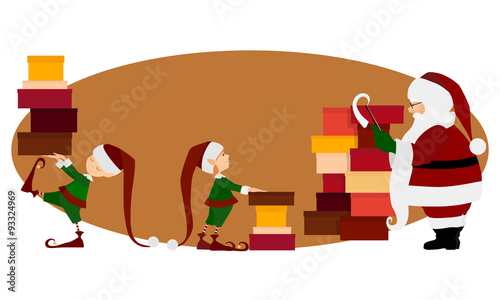 Santa Claus and Christmas elves with gifts
