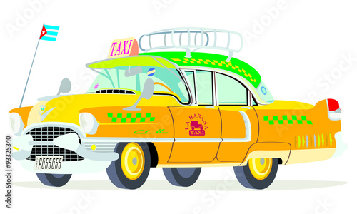 Caricatura Cadillac Fleetwood Sedán 1955 taxi cubano vista frontal y lateral