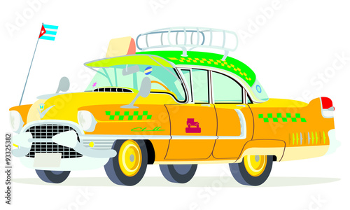 Caricatura Cadillac Fleetwood Sedán 1955 taxi cubano vista frontal y lateral