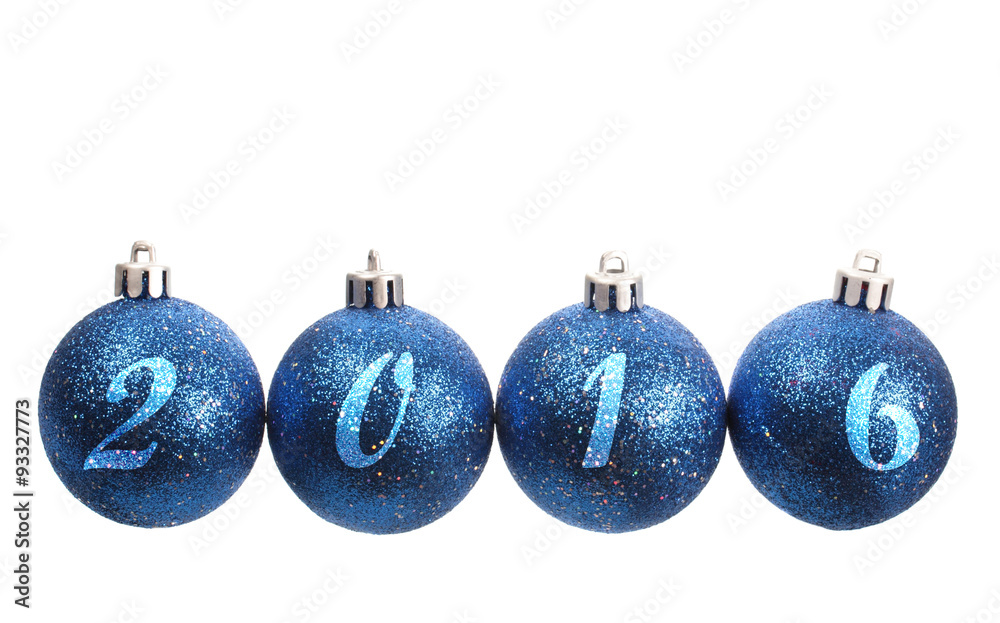 Four blue spangled christmas balls arranged in the year 2016 Four blue spangled christmas balls arranged in the year 2016