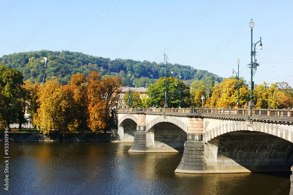 Naklejka premium Vltava River, cityscape, autumn in Prague