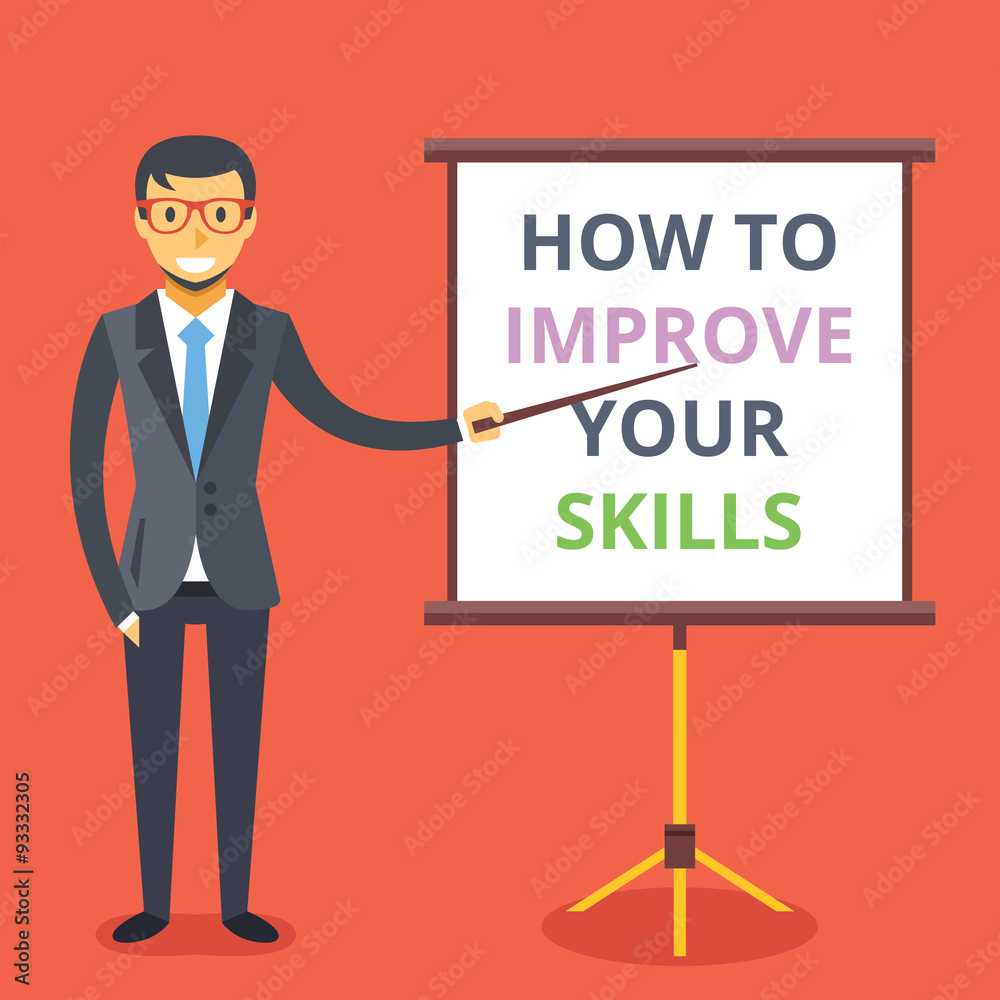 Man and presentation board with phrase: how to improve your skills Man and presentation board with phrase: how to improve your skills