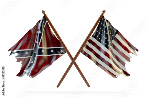 American civil war and merorial day concept, usa and confederate tattered flags isolated on white background