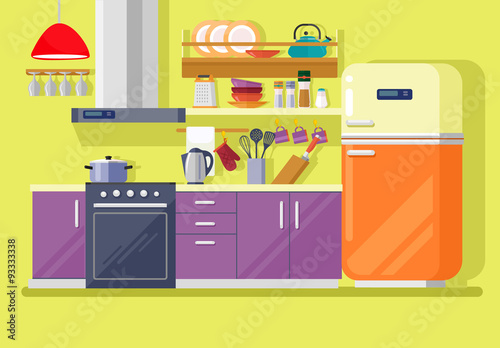 Kitchen with furniture. Vector flat illustration