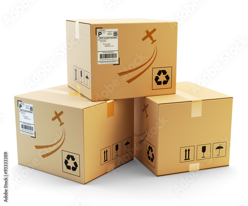 Global packages delivery and parcels transportation concept, stack of cardboard boxes isolated on white background
