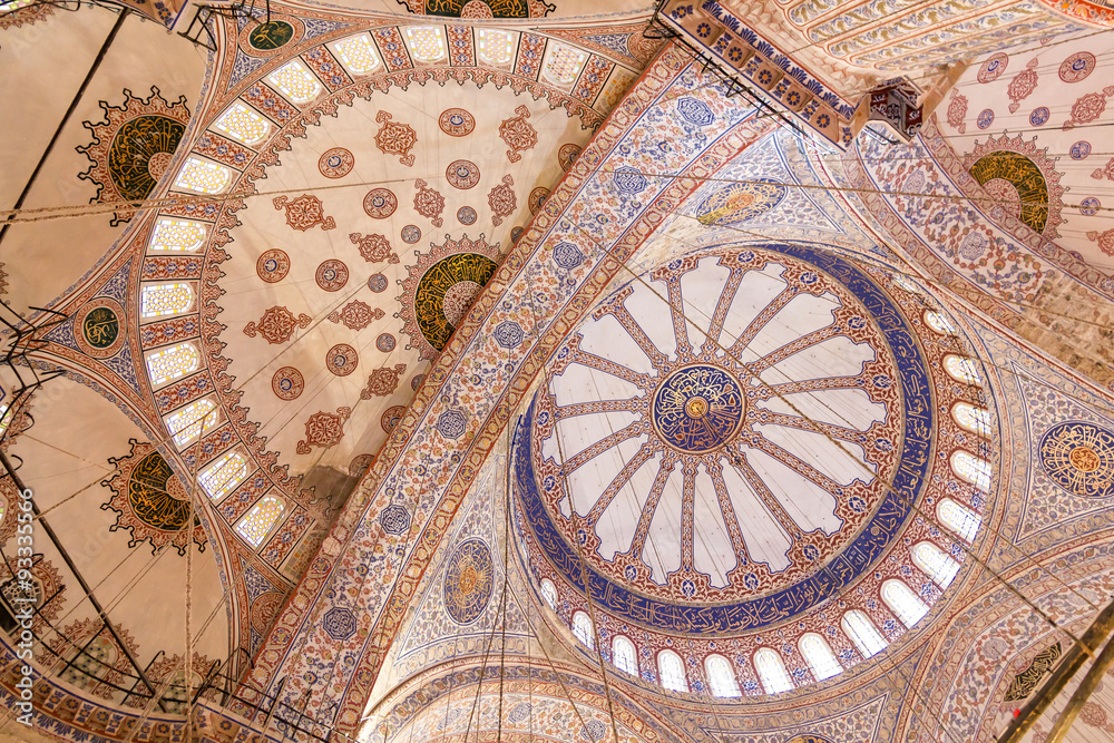 Sights of Turkey. Blue mosque in Istanbul. Interior of Turkish monument.