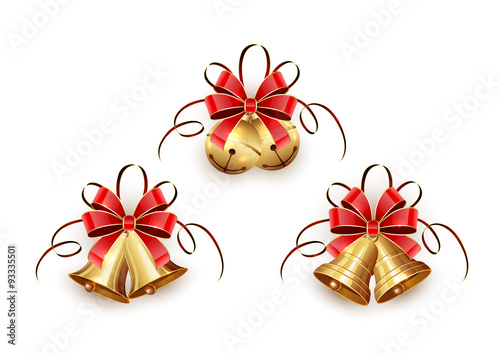 Golden Christmas bells with red ribbon