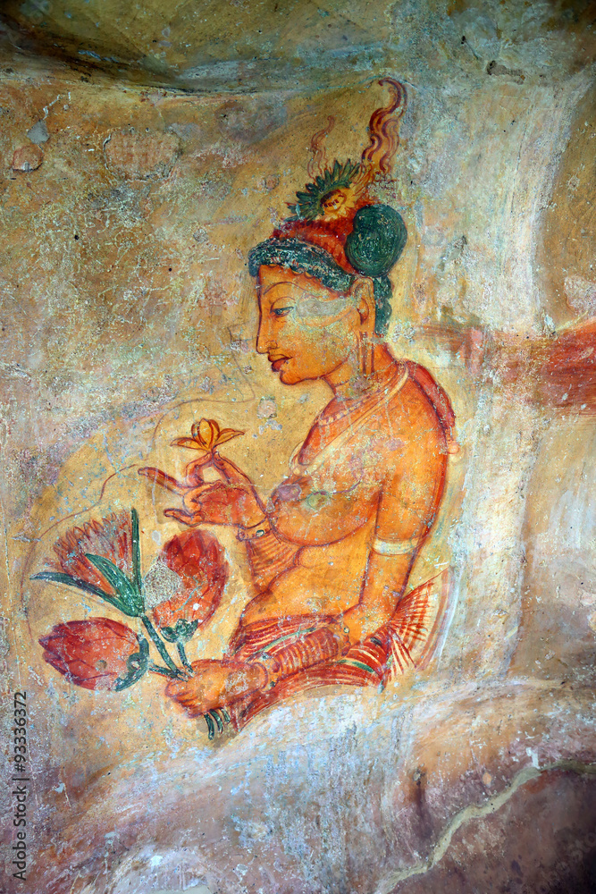 Sigiriya maiden - frescoes at fortress in Sri Lanka