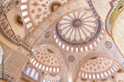 Sights of Turkey. Blue mosque in Istanbul. Interior of Turkish monument.
