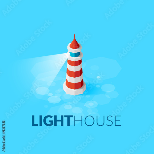 Flat isometric red lighthouse icon on blue sea