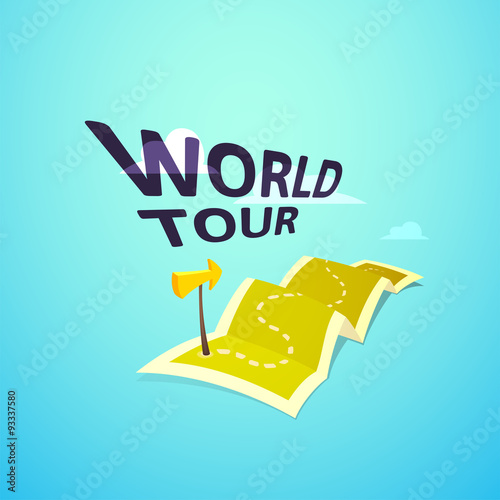 World tour concept logo, long route in travel map with guide