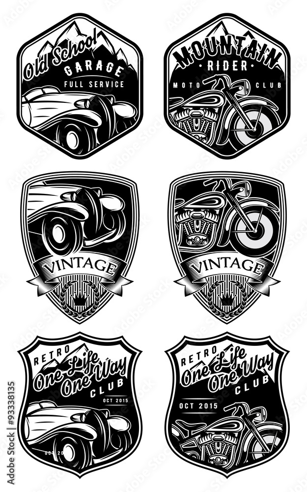 Fototapeta premium set of retro badges with car and motorcycle on background with mountains