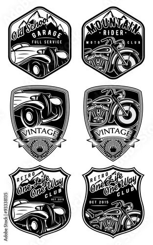 set of retro badges with car and motorcycle on background with mountains