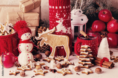 Christmas decorations - cookies, apples, spices, mulled wine. Co
