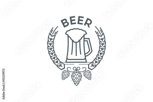 Mug of beer logo with hops and leaves. Line art.