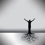 This black & white vector background has a man with tree roots