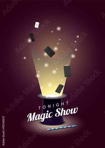 Vector poster with magician hat with flying cards and magic wand