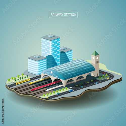 Railway station in the city isometric vector illustration