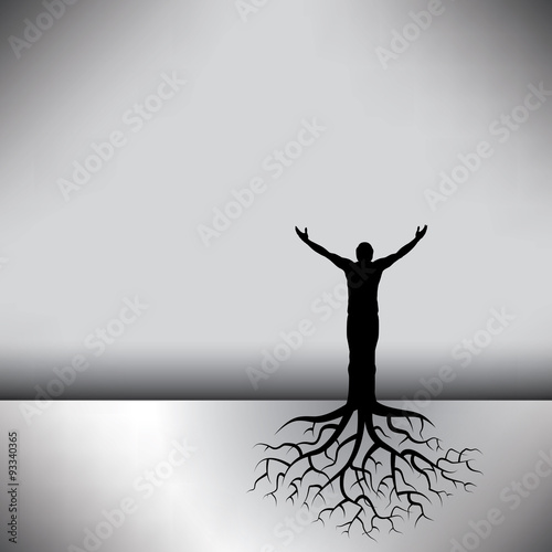 This black & white vector background has a man with tree roots
