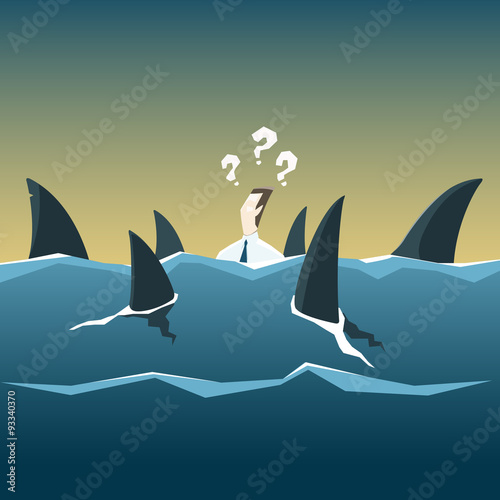 Sharks attack businessman who is drowning in the sea. Vector fin