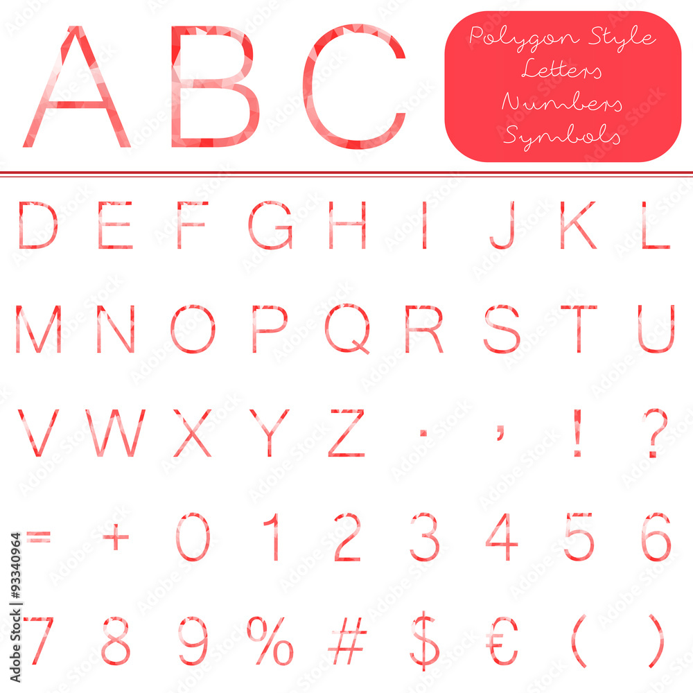 Crystal geometric font style in red color isolated on white. Trendy polygon mosaic characters, letter, numbers and symbols. Crystal geometric font style in red color isolated on white. Trendy polygon mosaic characters, letter, numbers and symbols.
