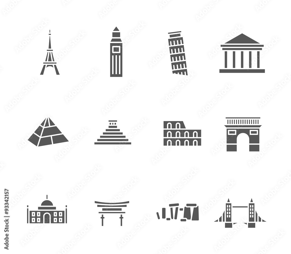 World landmarks silhouette icons set