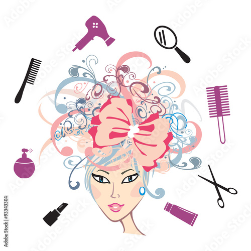 Girl with floral hair and hairdressing accessories. Vector illustration on transparent background.
