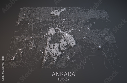 Fotografia Cartina di Ankara, vista satellitare, sezione 3d, capitale Turchia