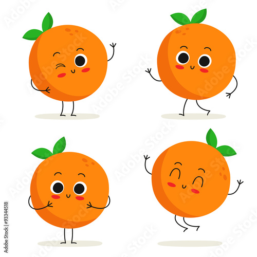 Orange. Cute fruit character set isolated on white