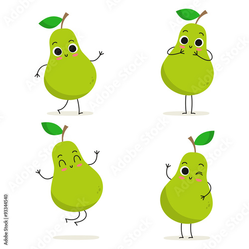 Pear. Cute fruit character set isolated on white