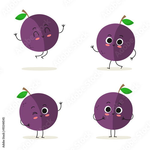 Plum. Cute fruit character set isolated on white