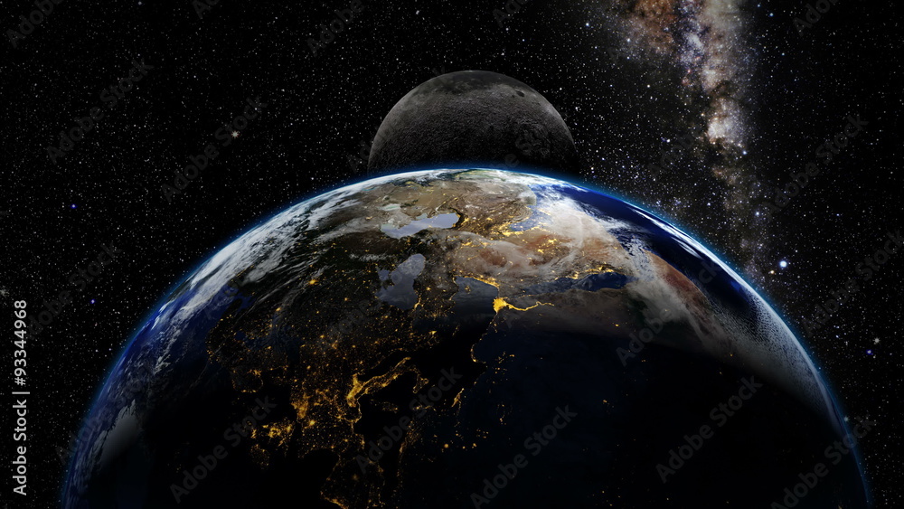 View on planet earth and moon from space with milkyway