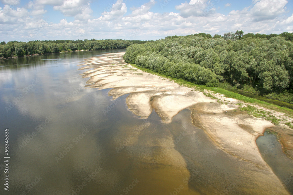 The wide river with a sandy bottom near the green wooded island