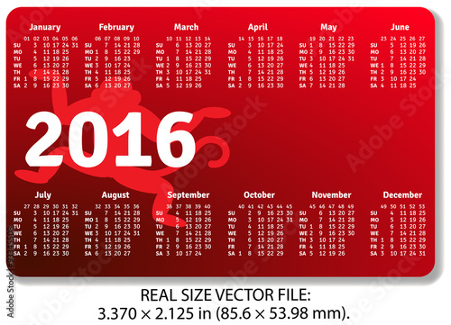 English pocket calendar for 2016 with monkeys, standard size ISO 7810 ID-1, vector