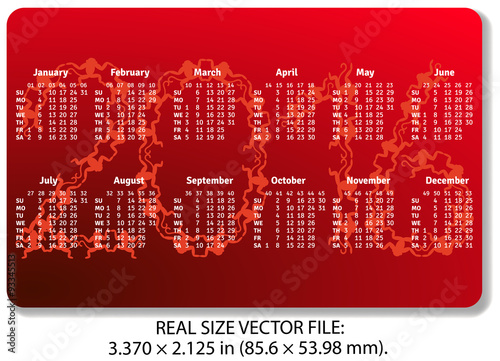 English pocket calendar for 2016 with monkeys, standard size ISO 7810 ID-1, vector