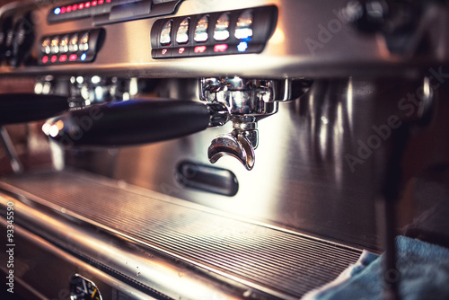 Automatic espresso machine waiting for coffee cups. Espresso machine at restaurant or pub.