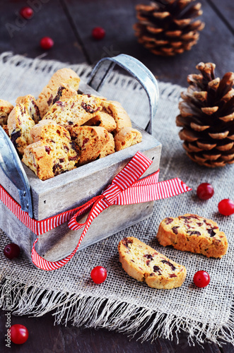 Cranberry biscotti in wooden box