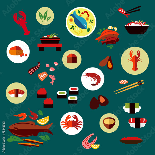 Seafood and delicatessen flat icons