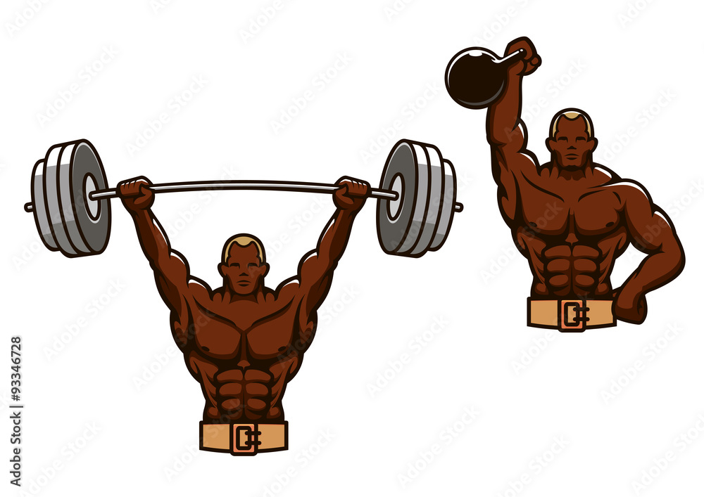 Cartoon muscular man lifting heavy weights Stock Vector