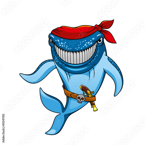 Cartoon blue whale pirate in bandanna and gun