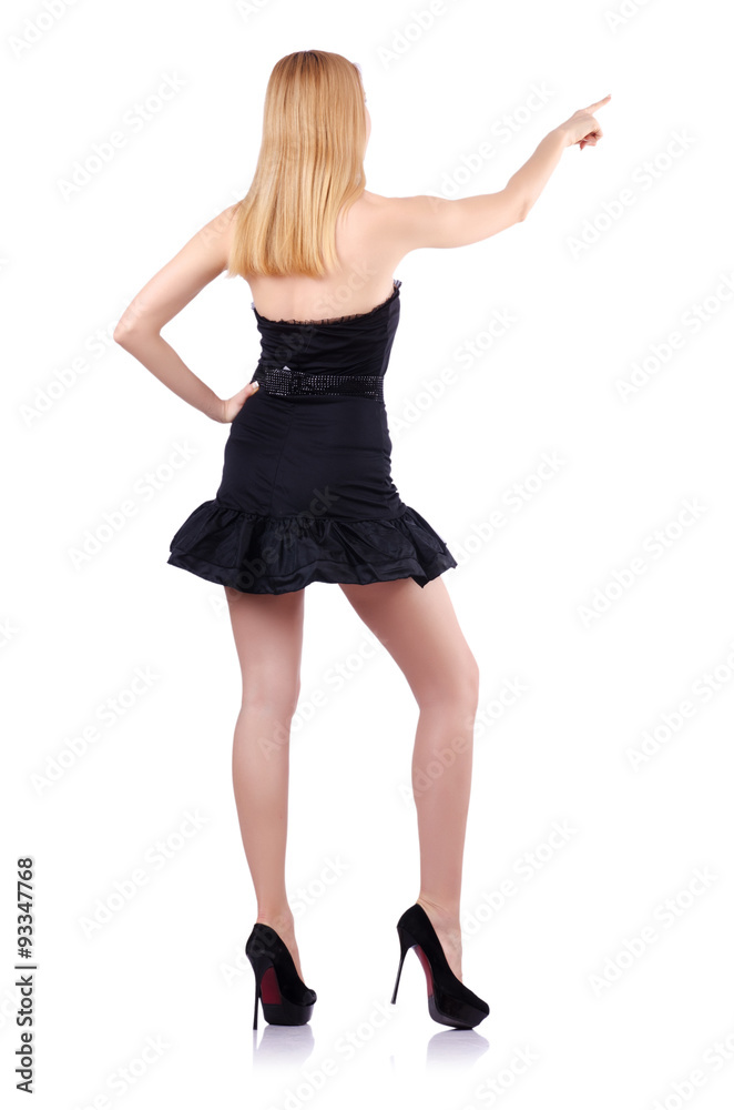 Sexy blonde girl presses virtual button isolated on white Sexy blonde girl presses virtual button isolated on white