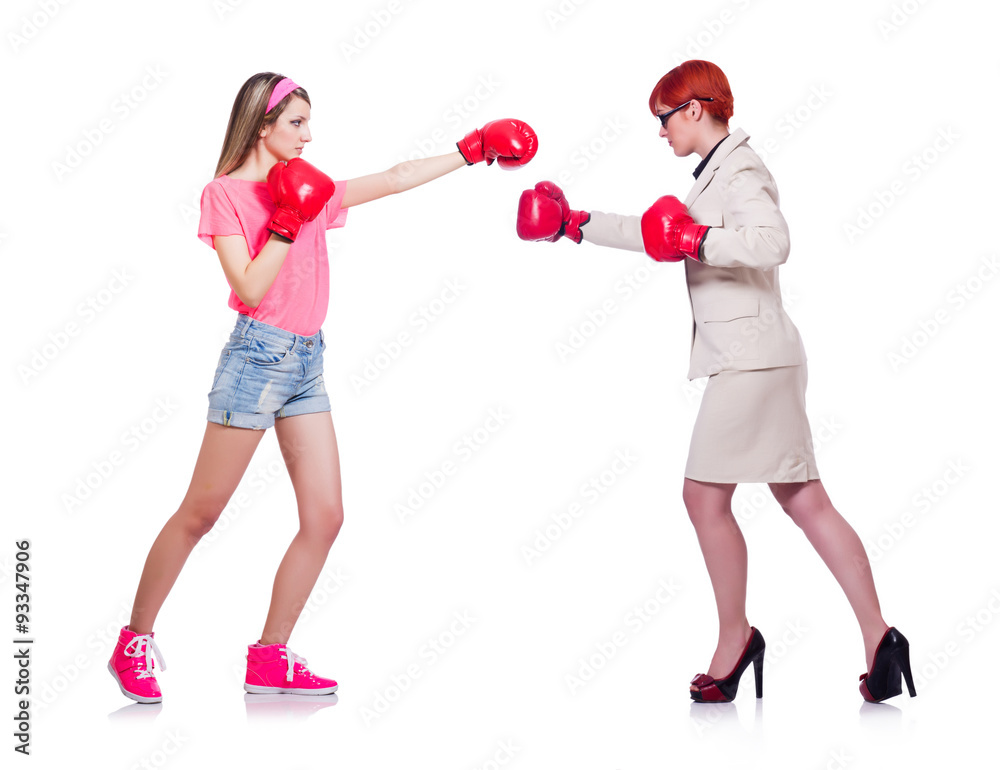 Businesswoman and sportsman boxing isolated on white Businesswoman and sportsman boxing isolated on white