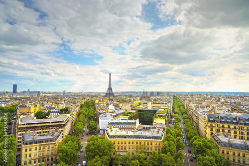 Eiffel Tower landmark  view from Arc de Triomphe. Paris  France.