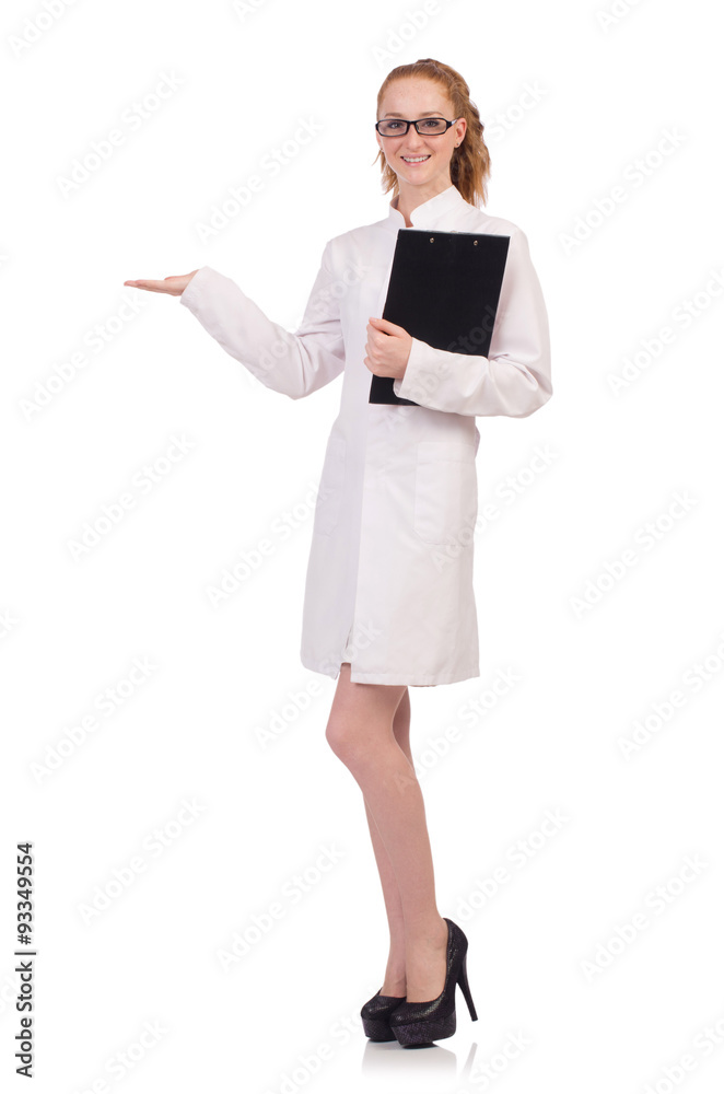Pretty female doctor holding diary isolated on white Pretty female doctor holding diary isolated on white