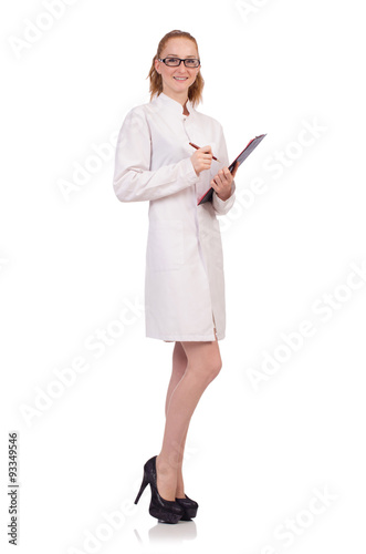 Pretty female doctor holding diary isolated on white