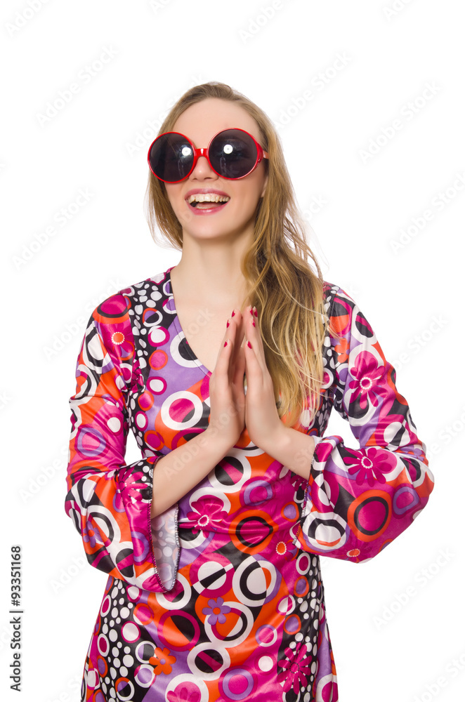 Pretty girl in dress with pink prints isolated on white Pretty girl in dress with pink prints isolated on white