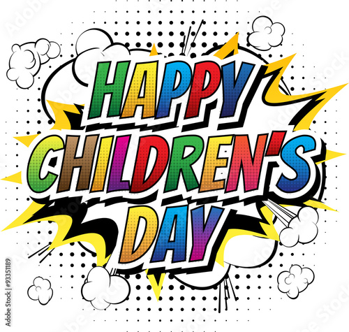 Happy Children's Day - Comic book style word on abstract background.